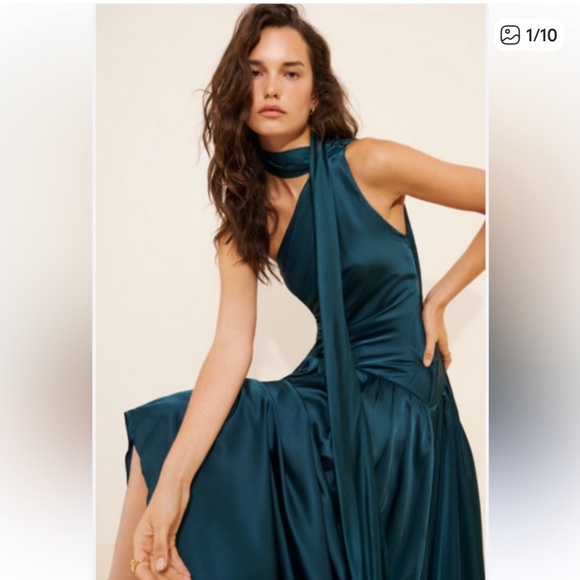 BHLDN Dresses & Skirts - BHLDN one shoulder scarf neck asymmetrical maxi dress dark green size XS